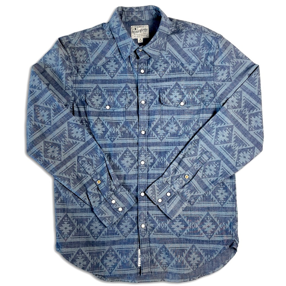 Lucky Brand Men’s Blue Aztec Print Saturday Stretch Pearl Button Up Shirt